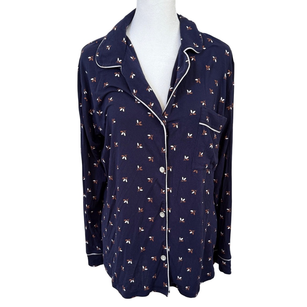 Eberjey Womens S Navy Floral Pajama Top Button Front Long Sleeve Loungewear‎